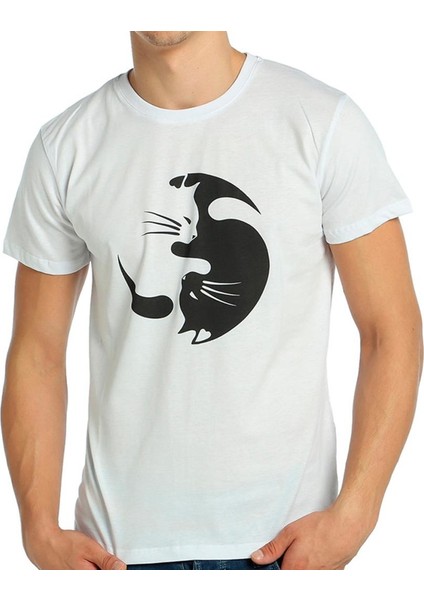 Yin Yang Kedi Beyaz Erkek T-Shirt