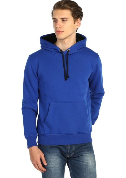 Kobalt Mavi Kışlık Kalın Kapüşonlu Erkek Sweatshirt