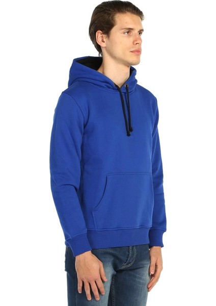 Kobalt Mavi Kışlık Kalın Kapüşonlu Erkek Sweatshirt