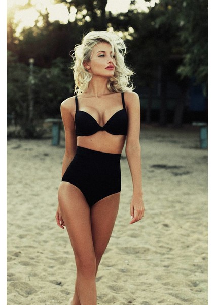 Siyah Yüksek Bel Kaplı Bikini Alt