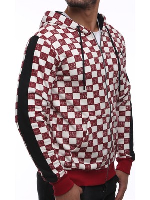 Madmext Hooded Checkered Sweatshirt Burgundy 2746