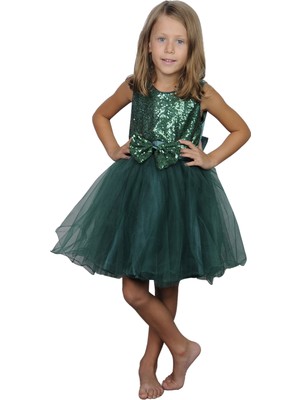 Butikhappykids Kız Çocuk Zümrüt Yeşili Payetli Kısa Kabarık Prenses Elbisesi
