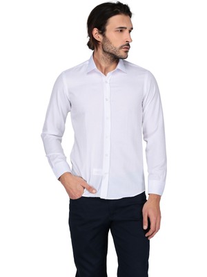 Buenza Saten Opal 41131 Uzun Kol Slim Fit Gömlek-Beyaz