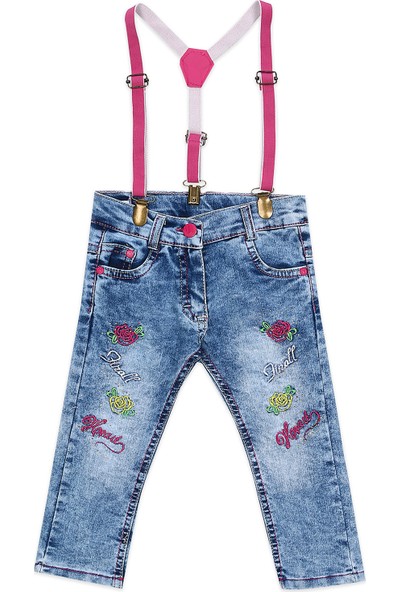 Turuncugardrop Askı Dahil Nakışlı Kız Çocuk Kot Pantolon