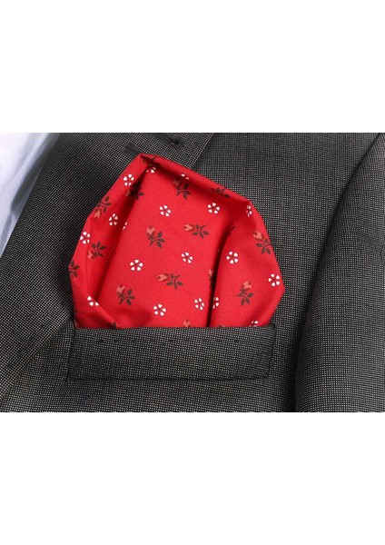 Kırmızı Çiçek Desen Yaka Cep Mendili