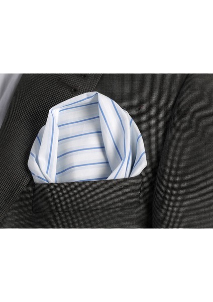 Mavi Çizgili Beyaz Cep Yaka Mendili