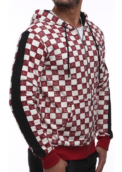 Hooded Checkered Sweatshirt Burgundy 2746 modelleri