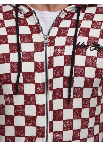 Hooded Checkered Sweatshirt Burgundy 2746 indirimleri