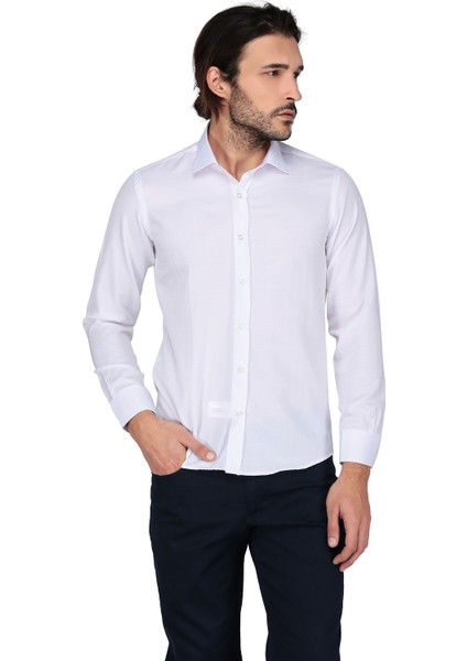 Saten Opal 41131 Uzun Kol Slim Fit Gömlek-Beyaz