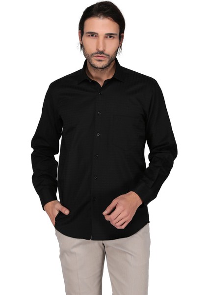 Saten Opal 41144 Uzun Kol Gömlek-Siyah