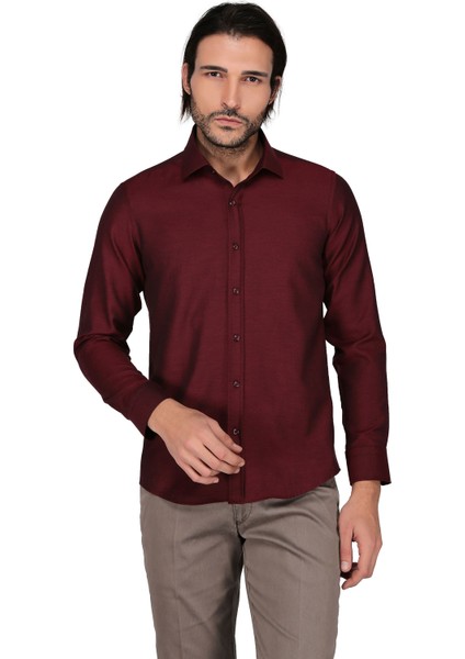 Duz Muz Uzun Kol Slim Fit Gömlek-Bordo