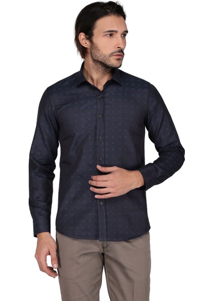 Saten Opal 41119 Uzun Kol Slim Fit Gömlek-Siyah