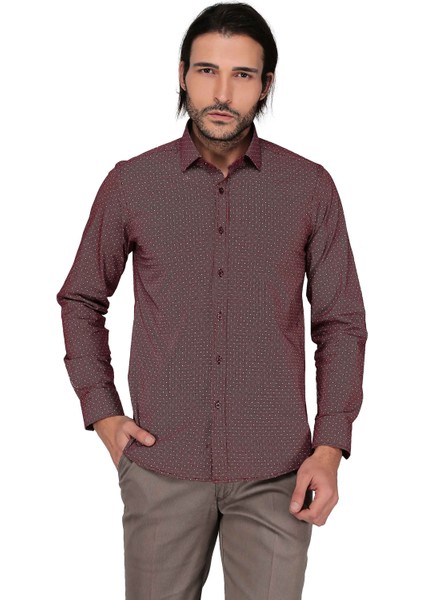 Pplin Lcra Emprm 113 Uzun Kol Slim Fit Gömlek-Bordo