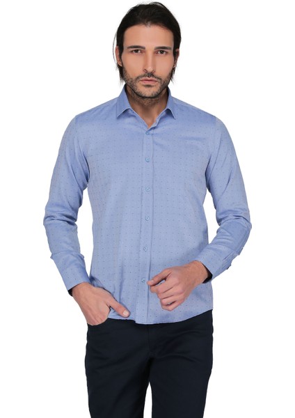 Saten Opal 41131 Uzun Kol Slim Fit Gömlek-Mavi