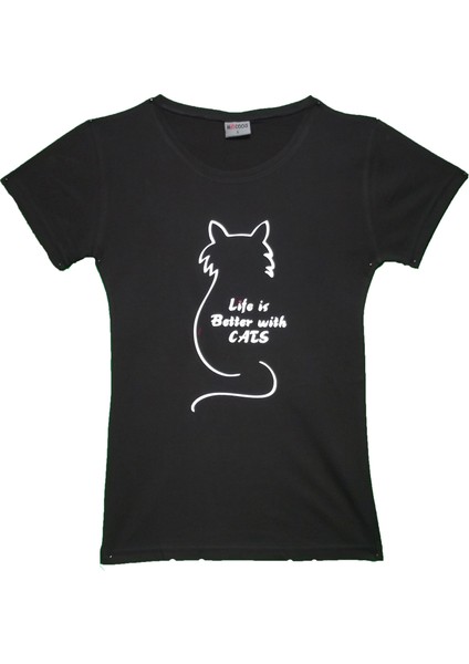 Kadın Life With Cats Bisiklet Yaka Tshirt