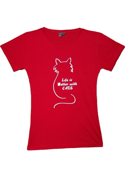 Kadın Life With Cats Bisiklet Yaka Tshirt