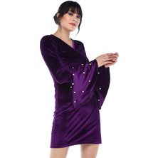 Sense 31867 Kruvaze Kollar Volanlı Kadife Elbise