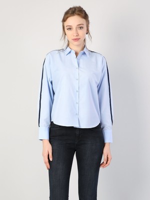 Colins Regular Fit Shirt Neck Kadın Mavi Uzun Kol Gömlek