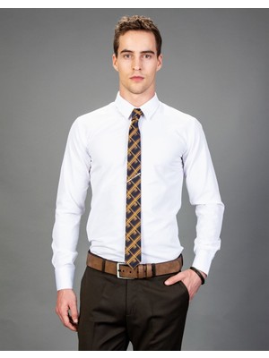 Tudors Slim Fit Armürlü Kravatlık, Beyaz Erkek Gömlek