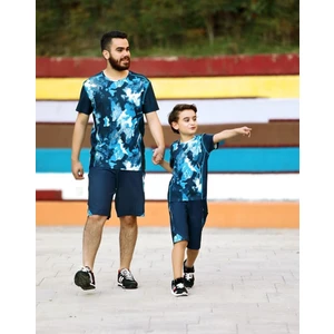 9673 Erkek Pijama Mavi Üst Şort 2'li Takım