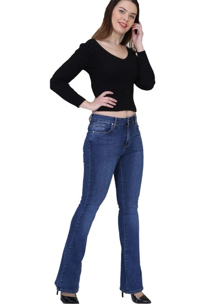 Gül Moda Kadın İspanyol Paça Kot Pantolon Mavi