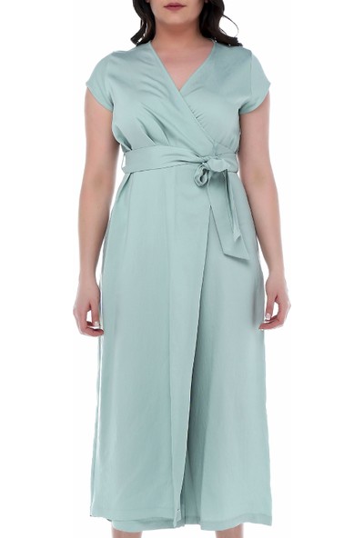 B&S Line Mint Rengi Kuşaklı Kruvaze Tulum Elbise