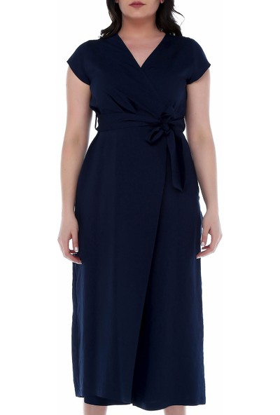 B&S Line Lacivert Rengi Kuşaklı Kruvaze Tulum Elbise