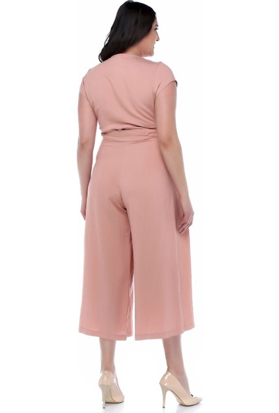B&S Line Pudra Rengi Kuşaklı Kruvaze Tulum Elbise