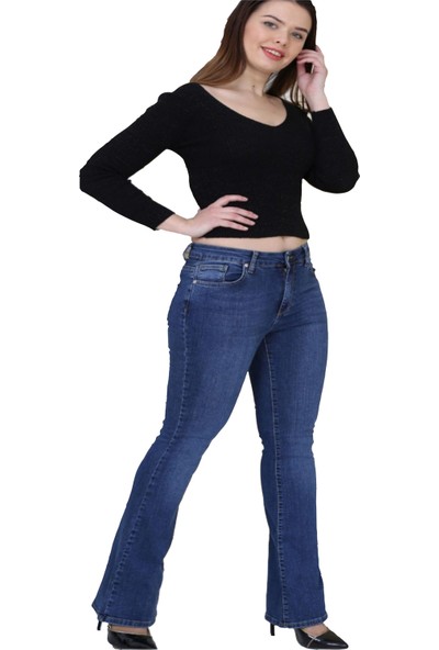 Gül Moda Kadın Büyük Beden İspanyol Paça Kot Pantolon Mavi