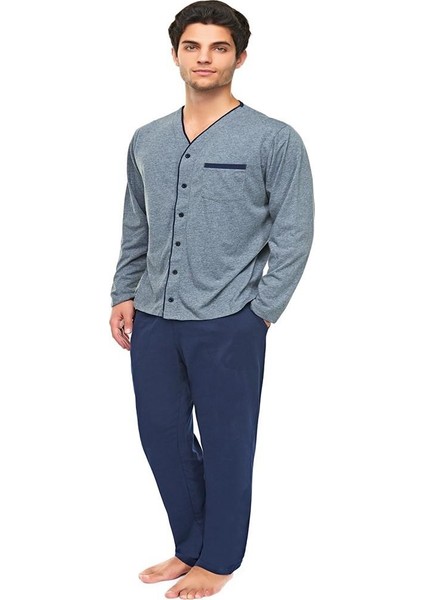 8302 Düz Önden Açık Boydan Düğmeli Erkek Pijama Takım