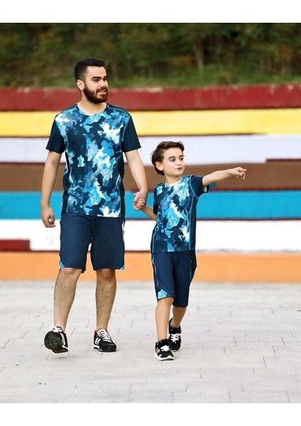 9673 Erkek Pijama Mavi Üst Şort 2'li Takım