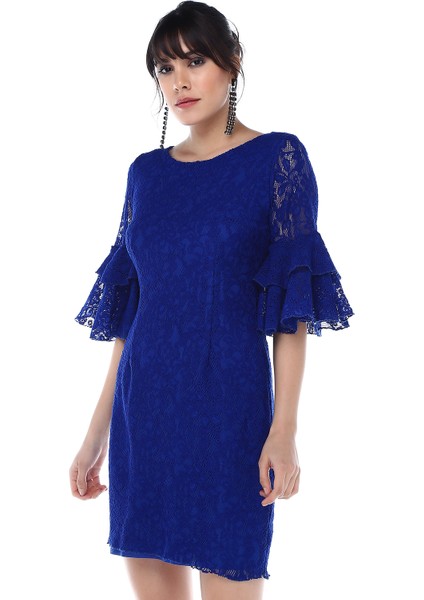 31293 Güpür Kolları Volanlı Elbise