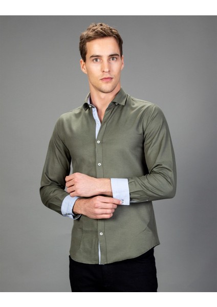 Slim Fit Spor Haki Erkek Gömlek