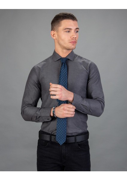 Slim Fit Armürlü Kravatlık, Gri Erkek Gömlek