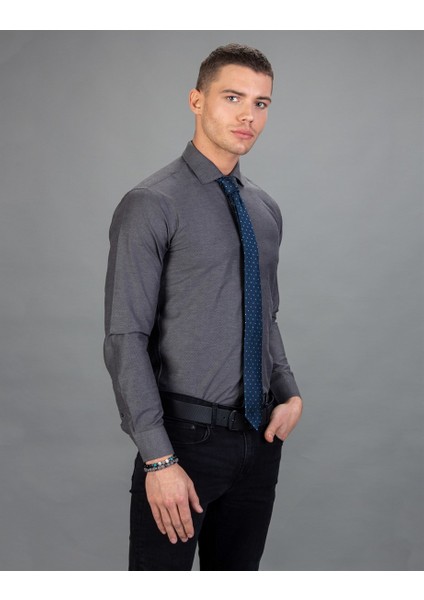 Slim Fit Armürlü Kravatlık, Gri Erkek Gömlek fiyatları