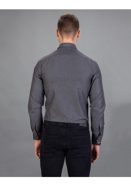 Slim Fit Armürlü Kravatlık, Gri Erkek Gömlek modelleri