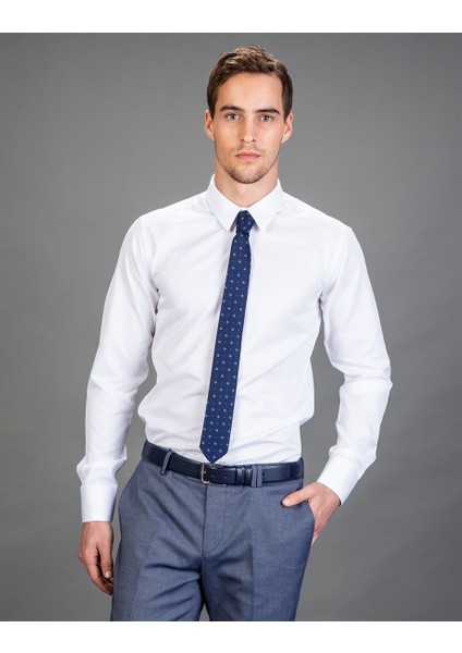 Slim Fit Armürlü Kravatlık, Beyaz Erkek Gömlek