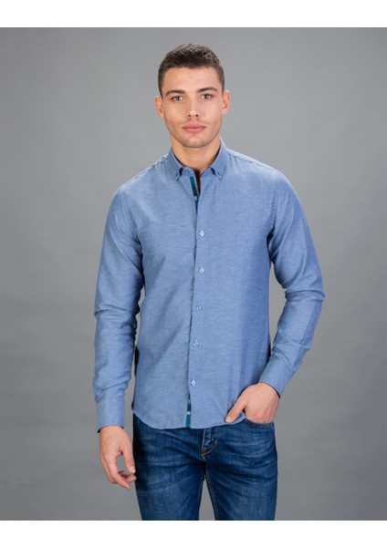 Slim Fit Spor Mavi Erkek Gömlek