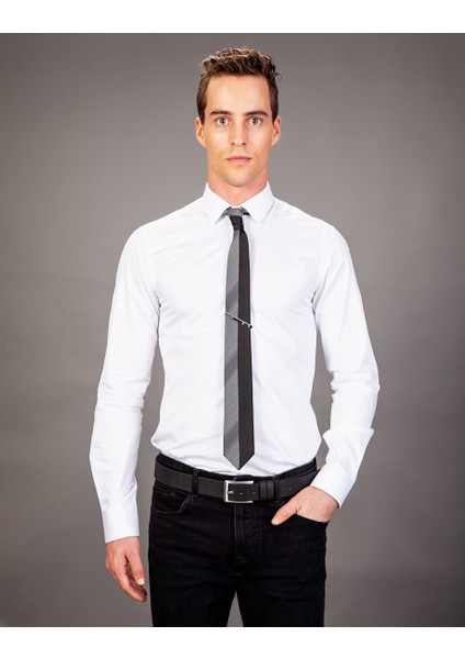 Slim Fit Pamuk Saten, Beyaz Erkek Gömlek