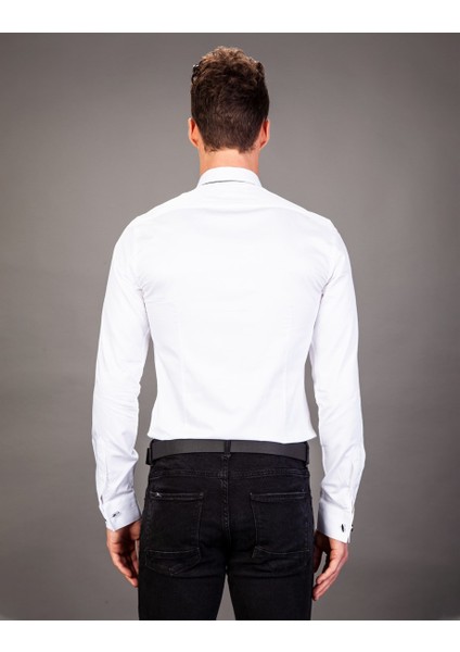 Slim Fit Pamuk Saten, Beyaz Erkek Gömlek