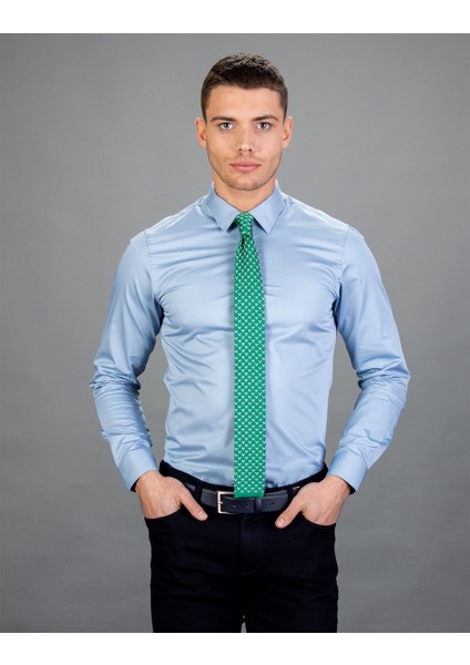 Slim Fit Pamuk Saten, Mavi Erkek Gömlek