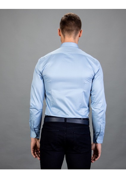 Slim Fit Pamuk Saten, Mavi Erkek Gömlek modelleri