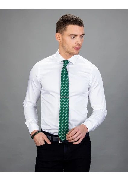 Slim Fit Pamuk Saten, Beyaz Erkek Gömlek