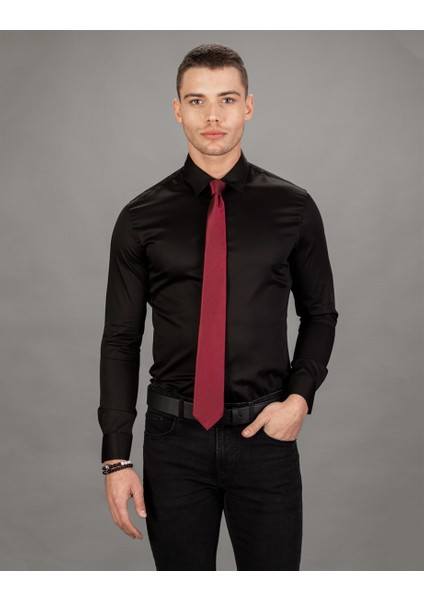 Süper Slim Fit Likralı Saten, Düz Siyah Erkek Gömlek