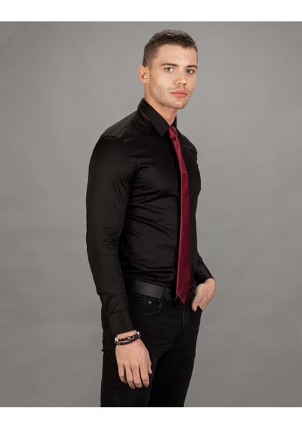 Süper Slim Fit Likralı Saten, Düz Siyah Erkek Gömlek fiyatları