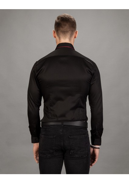 Süper Slim Fit Likralı Saten, Düz Siyah Erkek Gömlek modelleri
