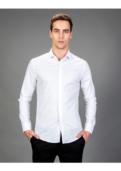 Süper Slim Fit Beyaz Erkek Gömlek