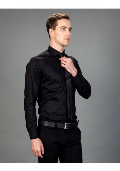 Süper Slim Fit Siyah Erkek Gömlek