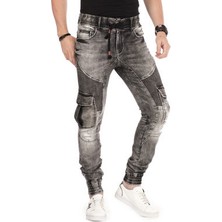 Cipo&Baxx CD446 Motorcu Jean Dar Paça Kargo Cepli Siyah Erkek Kot