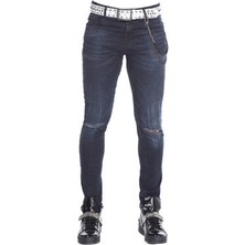 Cipo&Baxx CD375 Zincirli Dizi Yırtık Lacivert Slim Fit Erkek Jean
